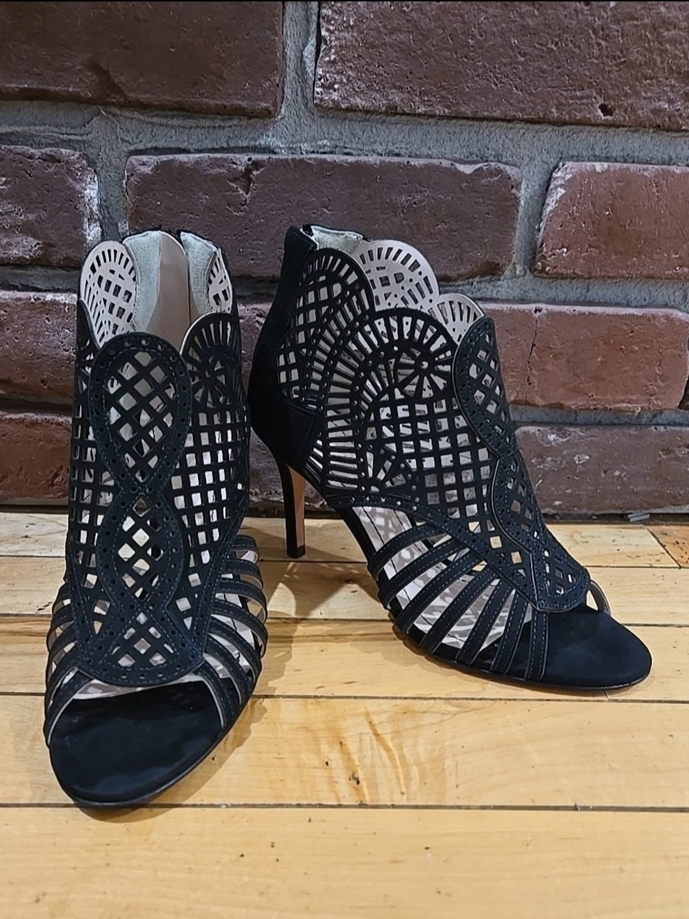 Black Laser-Cut Peep-Toe Stiletto Heels - Size 6M